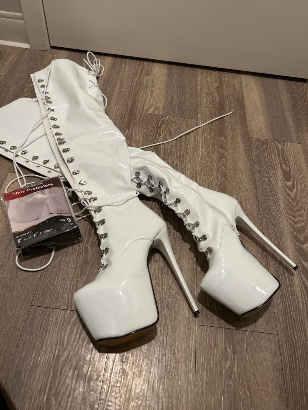 Pleaser White Thigh High Platform Boots with Shoe Protectors - Size 9